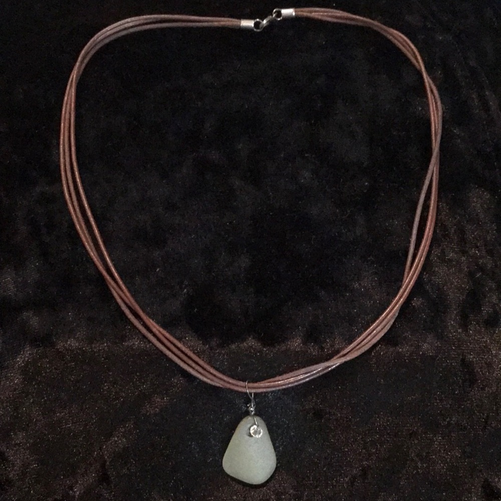 Brown leather cord necklace w green stone and rhinestone accent